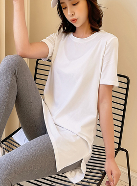 中长款t恤女短袖2025年正肩夏季宽松纯棉白色圆领开衩遮屁股百搭