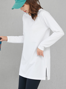 长袖t恤女中长款开叉磨毛秋冬纯棉宽松遮屁股配鲨鱼裤白色打底衫
