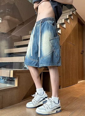 潮流美式多口袋工装牛仔七分短裤男阔腿宽松大码五分中裤胖子肥佬