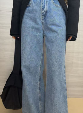 2025东大门新款超高腰丹宁风直筒藏肉牛仔裤