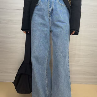 2025东大门新款 超高腰丹宁风直筒藏肉牛仔裤