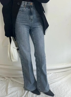 2025东大门秋冬新款超高腰好搭配腿精浅蓝色直筒长裤