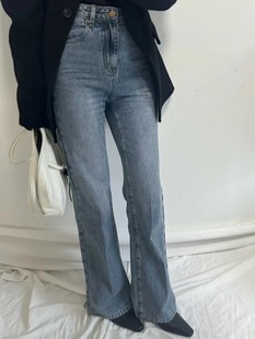 2025东大门秋冬新款 超高腰好搭配腿精浅蓝色直筒长裤