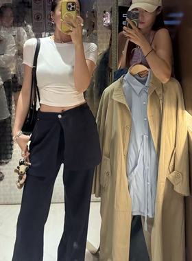 2025东大门藏蓝色百搭显瘦又特别的双层屁帘宽松遮肉卫裤