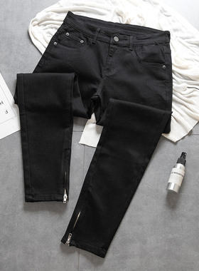 fashion jeans 潮流裤脚拉链设计欧美高街黑色弹力修身牛仔长裤男