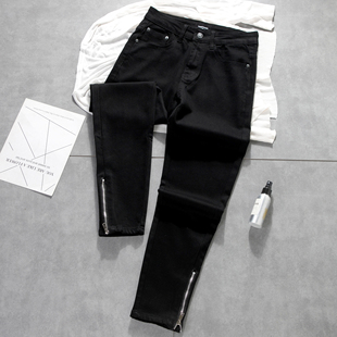春季新款男士黑色百搭潮流牛仔长裤美式高街弹力修身小脚拉链长裤