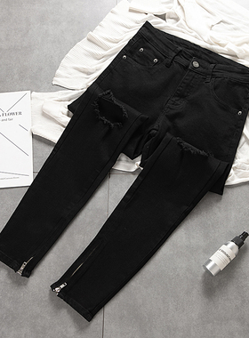 fashion jeans 小脚拉链欧美高街黑色破洞休闲修身牛仔长裤男夏季