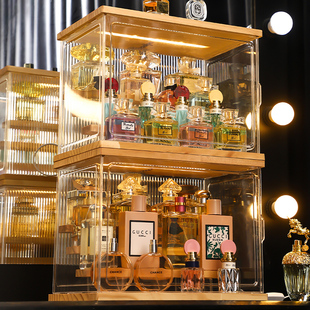 木质香水收纳盒桌面透明化妆盒防尘大容量展示架护肤X品整理置物