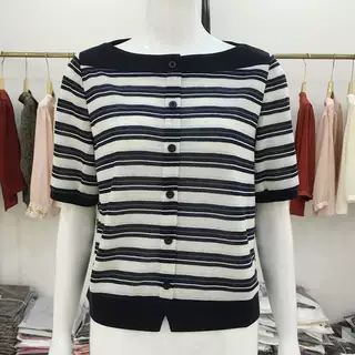 6515 欧洲站时尚小香风条纹针织衫女T恤衫夏季新款洋气一字肩小衫
