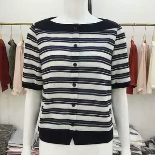 6515 欧洲站时尚小香风条纹针织衫女T恤衫夏季新款洋气一字肩小衫