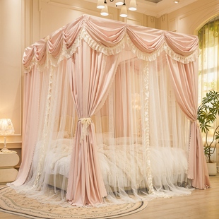 双层法式布帘帐纱公主风双杆宫廷落地床幔遮光蚊帐加厚加粗铁支架