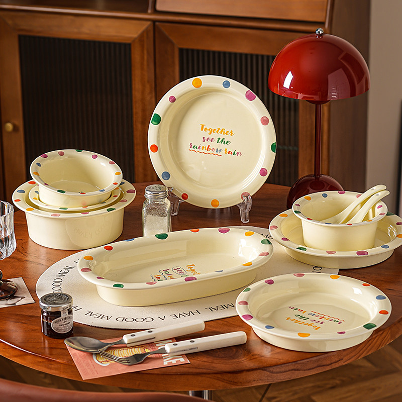 彩色波点可爱法式奶油风餐具陶瓷碗盘碗碟套装家用2025新款碗具