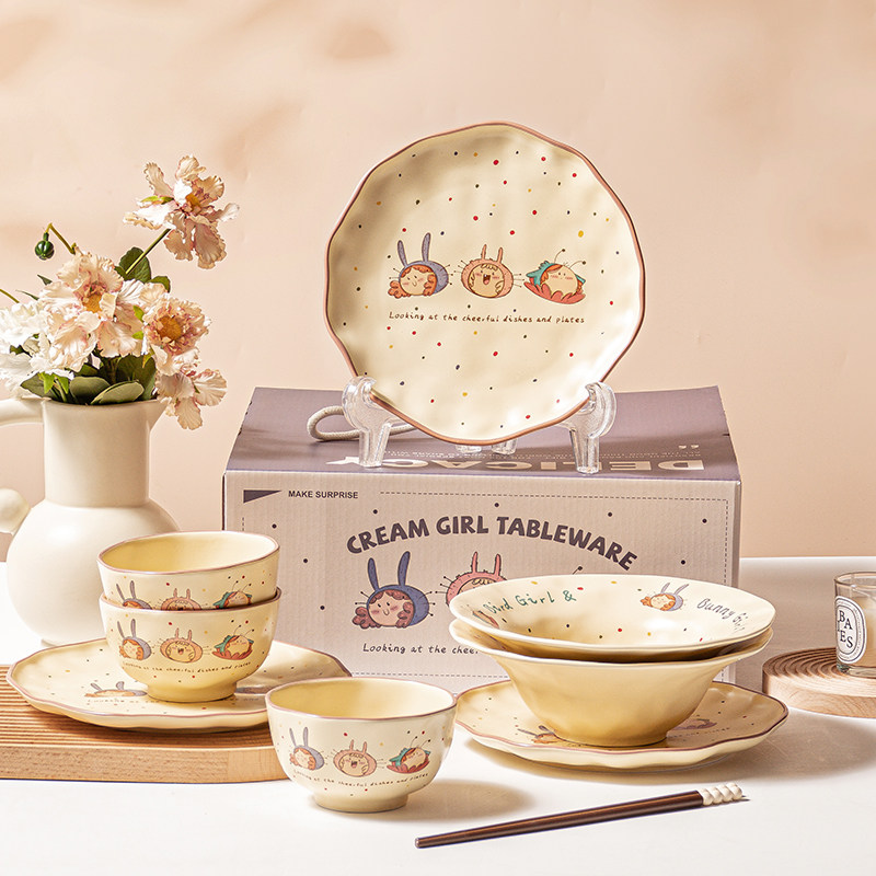 奶油女孩可爱陶瓷米饭碗家用汤碗盘子餐具一人食特别好看碗碟套装