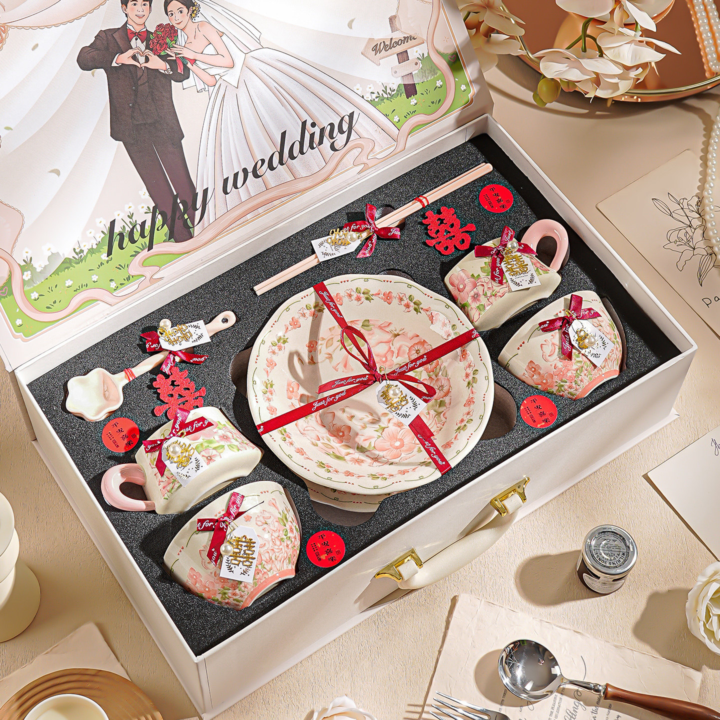 新婚礼物送新娘结婚礼盒结婚礼物餐具礼盒订婚礼物餐具套装咖啡杯