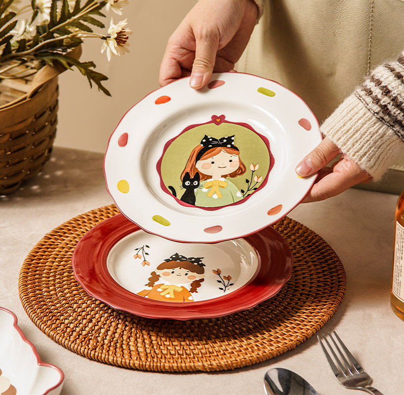 复古女孩4个装盘子菜盘家用陶瓷蒸鱼盘卡通可爱8英寸菜碟组合餐具