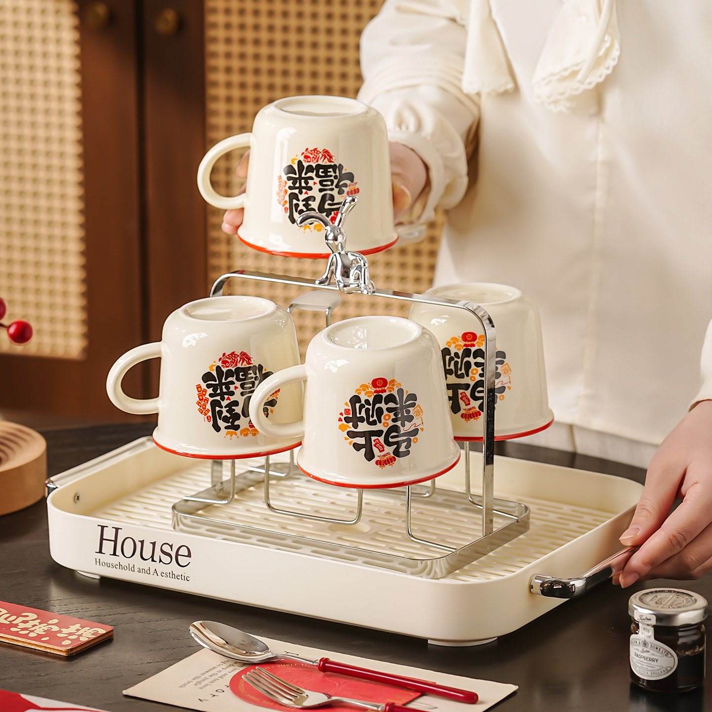 陶瓷马克杯子家用喝水客厅待客水杯套装乔迁入宅马年新婚生日礼物