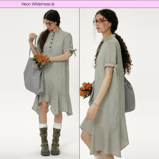 霓虹大荒野® 口绑带格子连衣裙 不规则下摆设计感剪裁袖