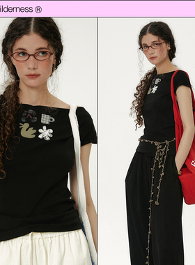 霓虹大荒野® Cozy意象符号短袖 一字领修身贴布E字绣T恤