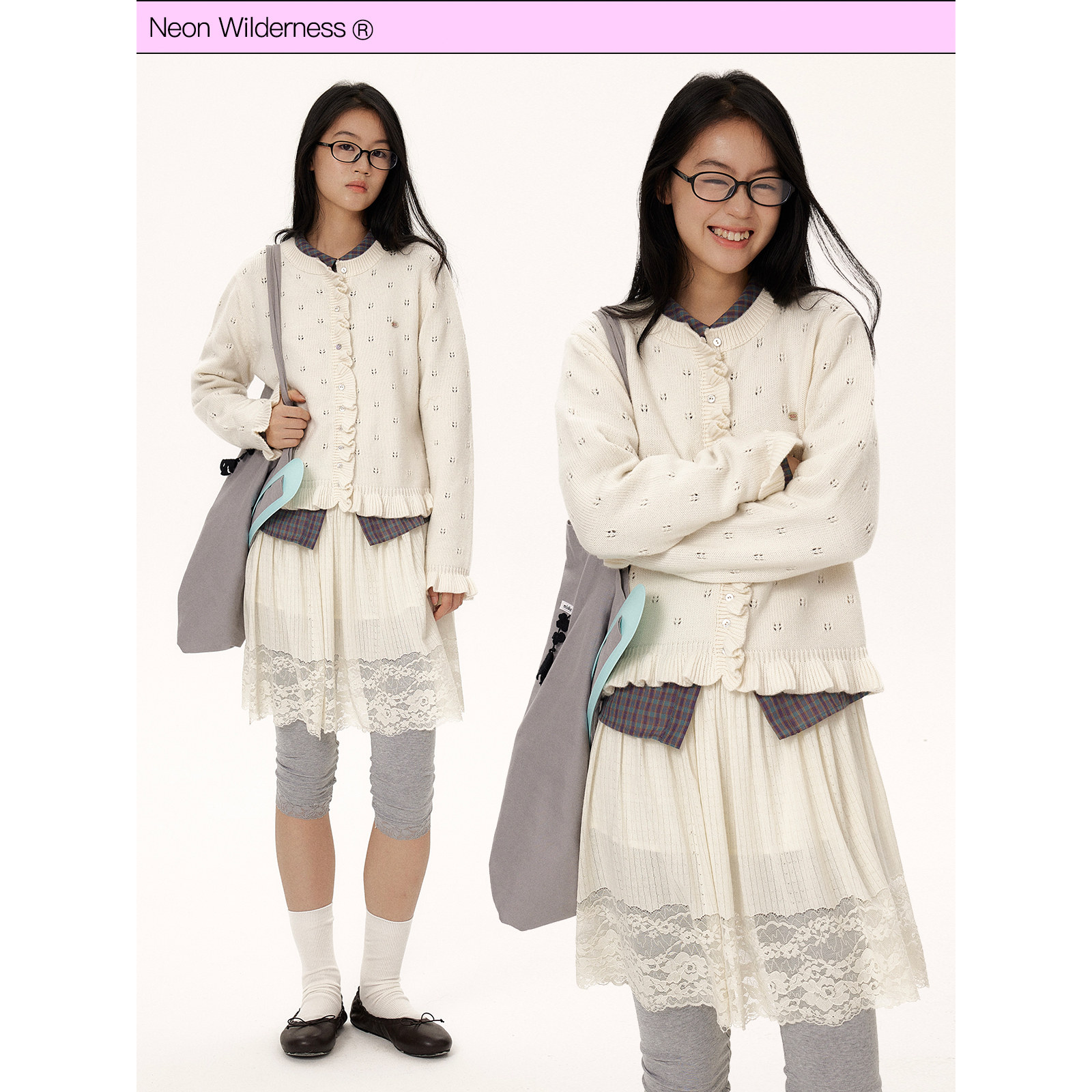 霓虹大荒野® 秋冬新品 羊毛混纺镂空挑孔少女花边毛衣开衫