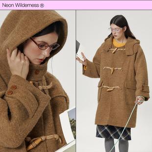 霓虹大荒野® 棕绿色牛角扣呢大衣 长款加厚外套