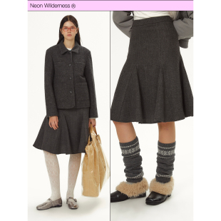 灰色毛呢多裁片拼接半身中短裙 霓虹大荒野® 新品 限时85折