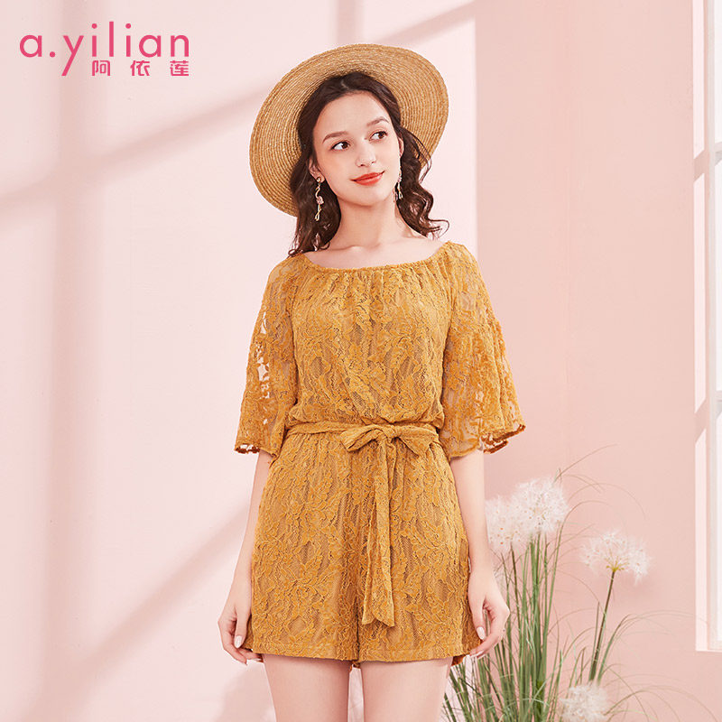 阿依莲2020夏季新款时尚百搭休闲宽松显瘦收腰蕾丝连体裤女潮