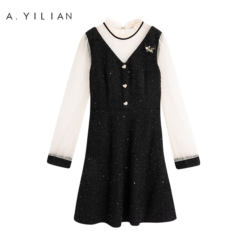 阿依莲2022年春季网纱拼接连衣裙