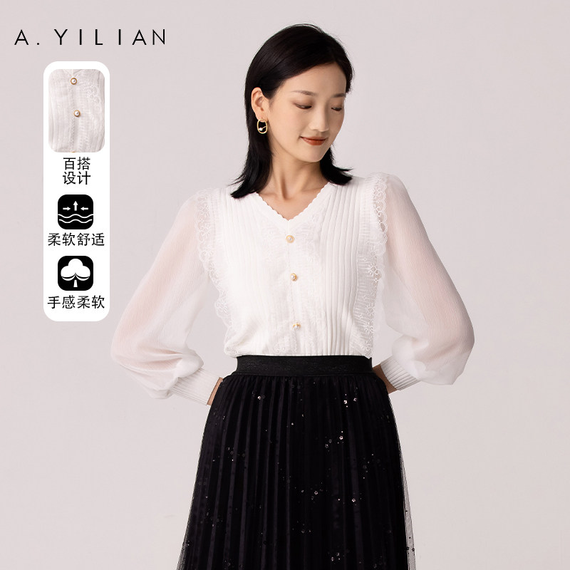 【商场同款】阿依莲2022年春季新品蕾丝花边毛衣拼接长袖女针织衫