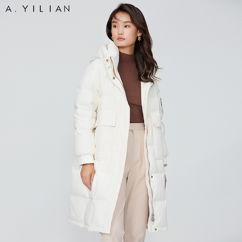 阿依莲羽绒服冬季女2022新款韩版显瘦宽松带标中长款白色连帽外套