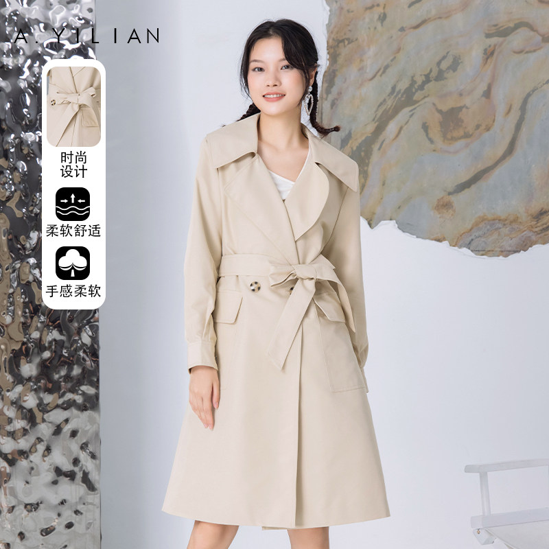 阿依莲2022年春季新款大翻领中长款风衣