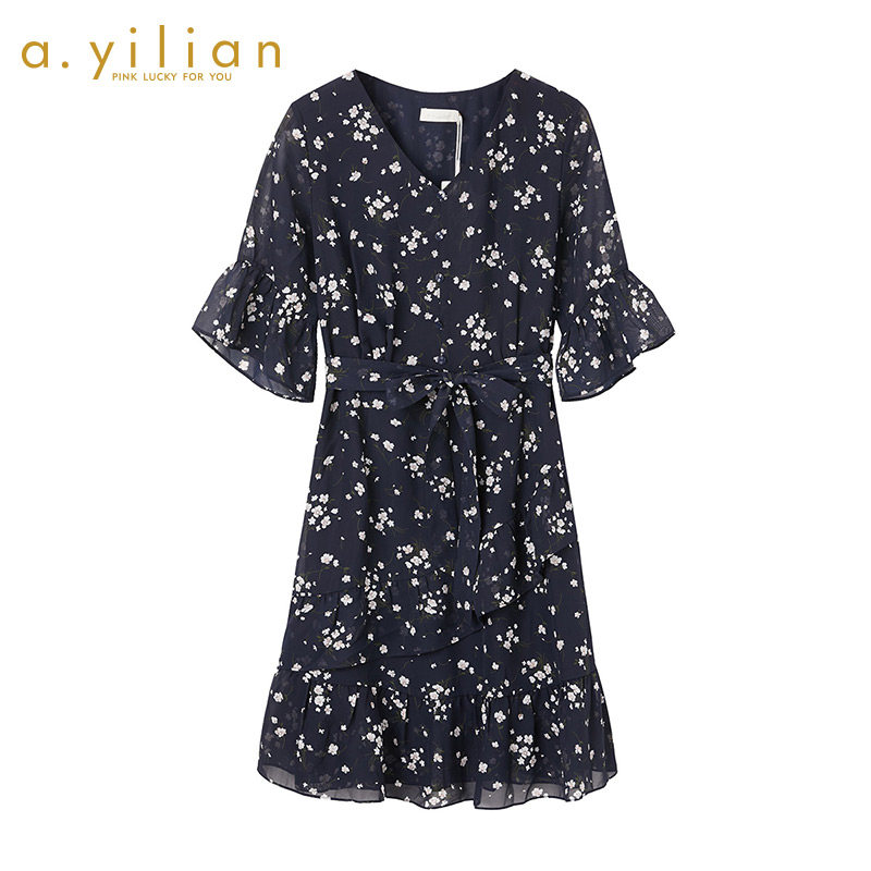 阿依莲2020夏季新款连衣裙女时尚百搭收腰显瘦中长款雪纺裙