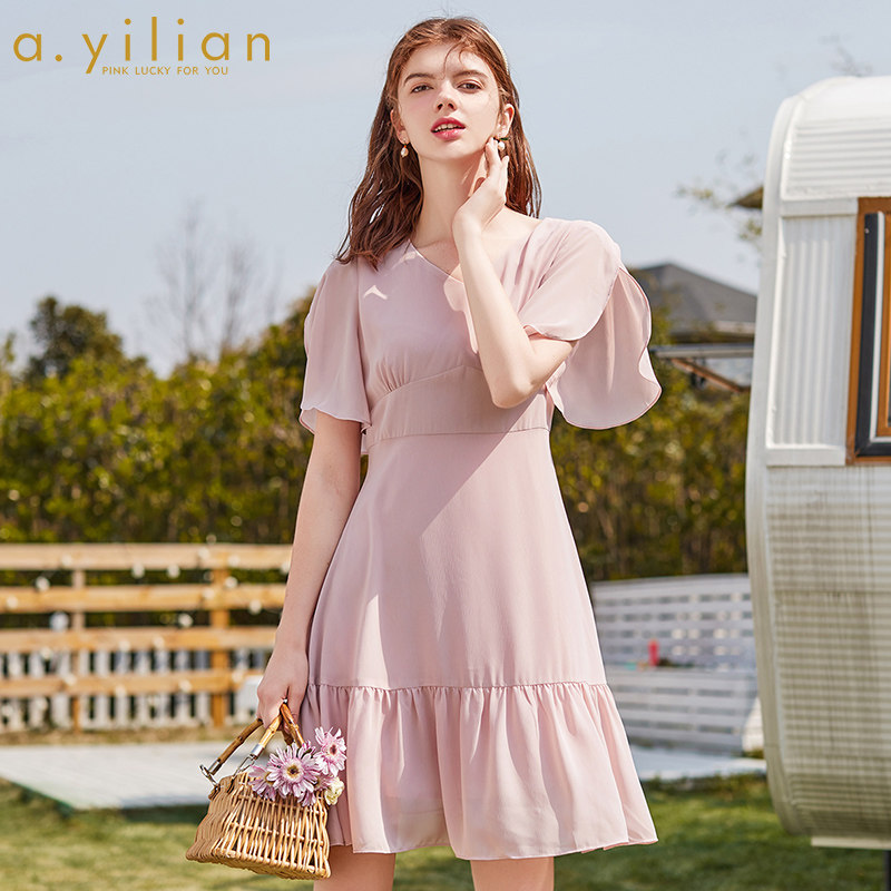 阿依莲连衣裙女2020夏新款时尚百搭收腰显瘦气质中长裙