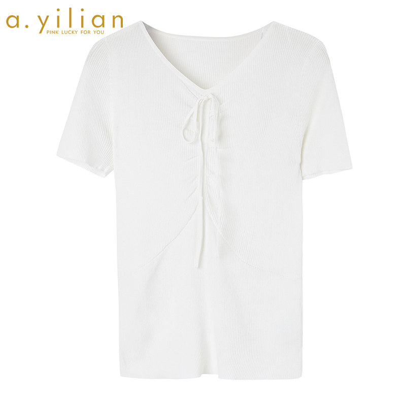 阿依莲2020夏新款t恤女时尚韩版百搭宽松透气显瘦v领女士针织上衣