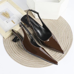 尖头舒适百搭通勤中跟高跟鞋 咖啡色包头凉鞋 法式 夏季 细跟2025新款
