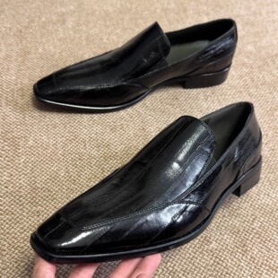 暗黑复古鳗鱼纹乐福鞋男女尖头单鞋一脚蹬懒人德比鞋老钱休闲皮鞋