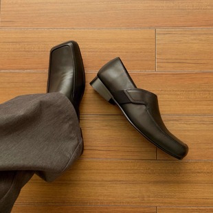 英伦翘头德比鞋男斜方头休闲皮鞋一脚蹬绑带复古穆勒鞋粗跟乐福鞋