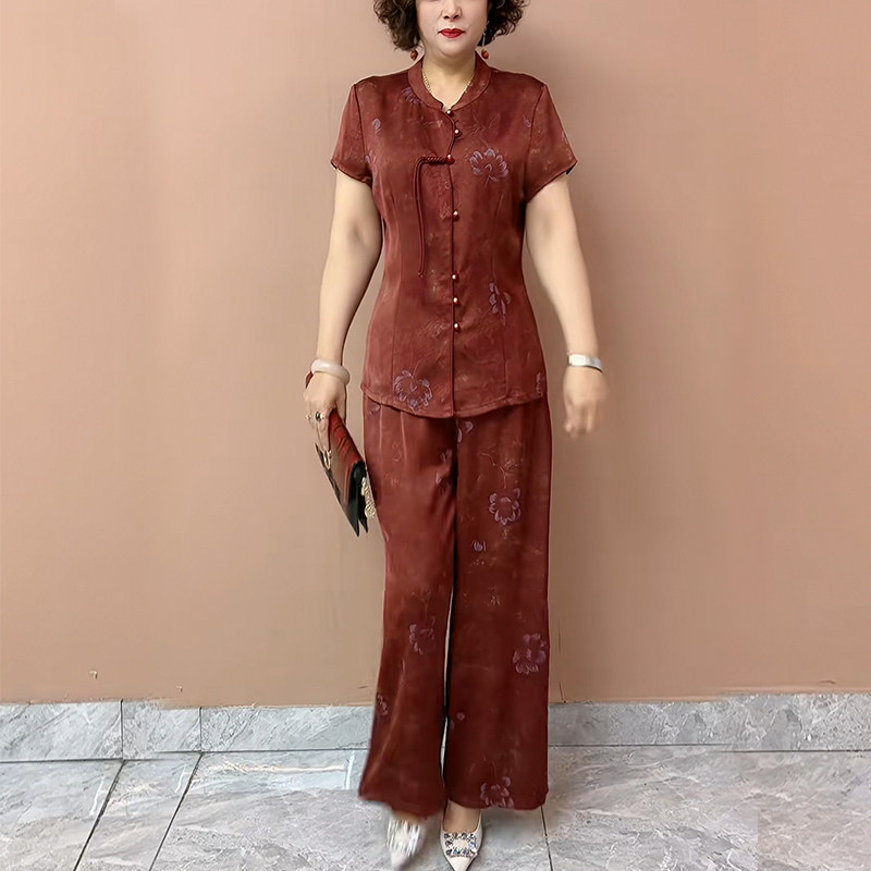 真丝薄款开衫套装女夏季新款修身气质妈妈装小立领上衣裤裙两件套