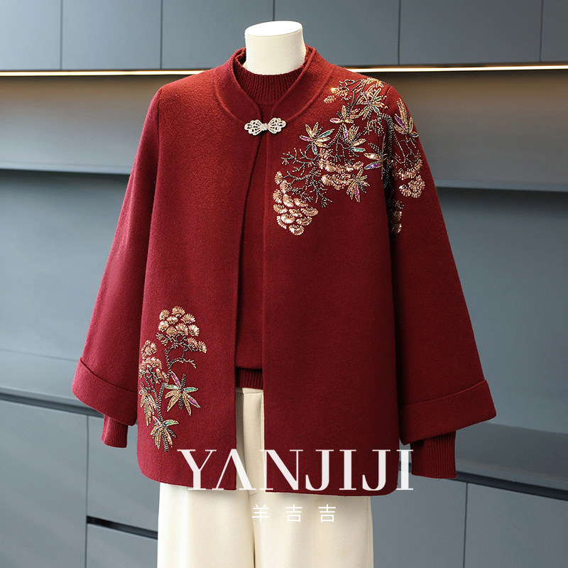 妈妈外套女中老年人春秋装两件套喜婆婆婚宴老人喜庆上衣针织套装