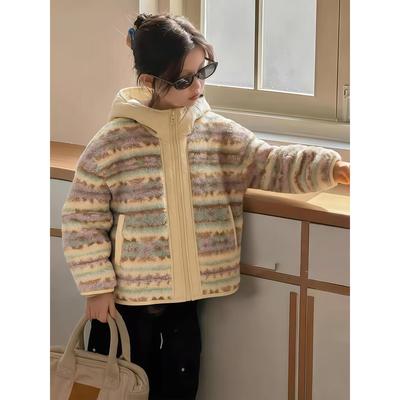 女童加厚外套秋冬新2025款新款连帽拉链棉衣女孩子毛毛衣加绒棉衣