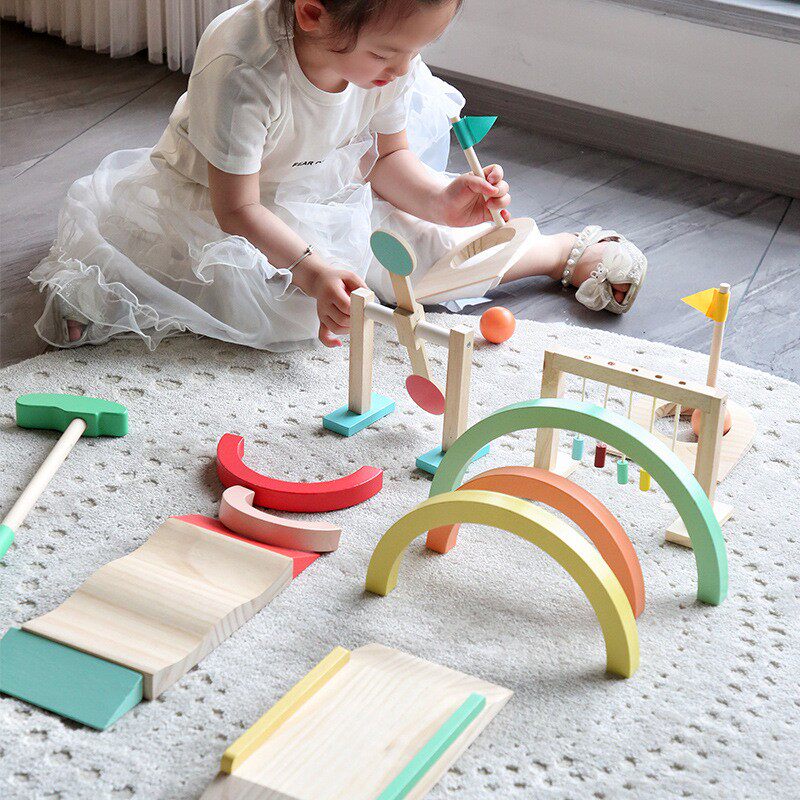 北欧ins儿童实木仿真彩虹高尔夫球玩具宝宝蒙氏早教拼搭积木组合