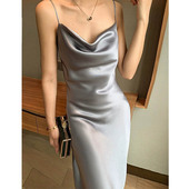 三醋酸缎面连衣裙超美45度荡领风情万种丝滑吊带长裙大码 轻奢高级