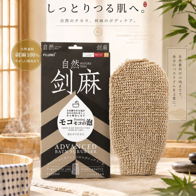 出口日本FUJINO天然剑麻搓澡巾植物纤维去角质洗澡搓背清洁手套