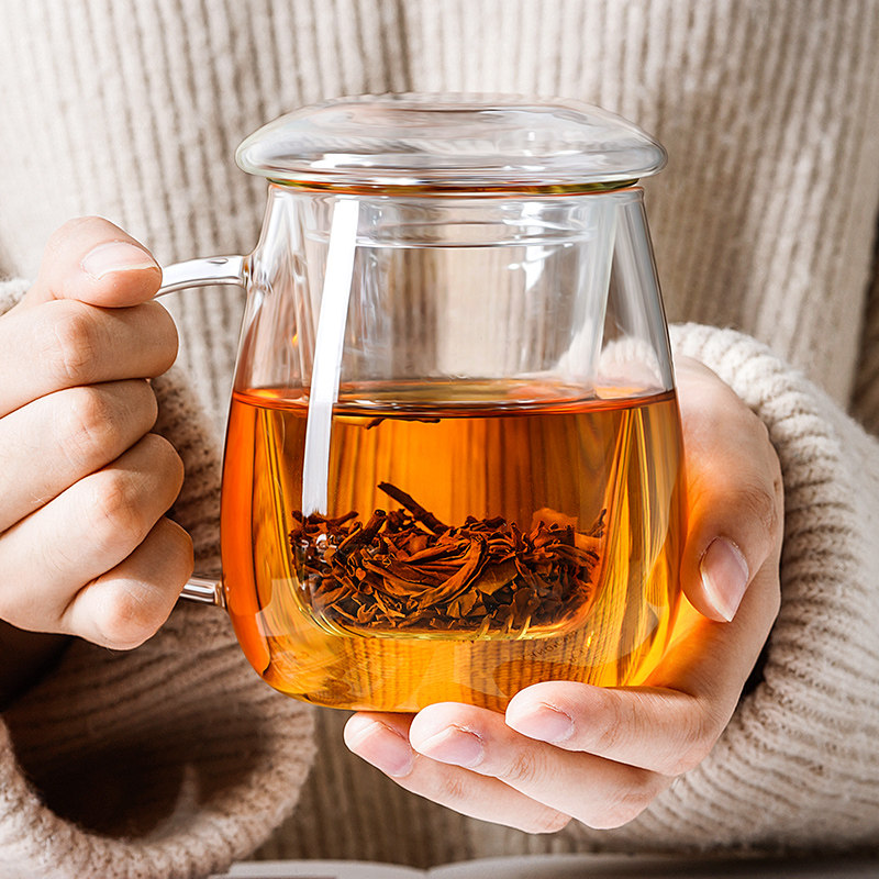物生物玻璃杯女水杯夏季家用茶水分离杯泡茶杯男透明带盖花茶杯子
