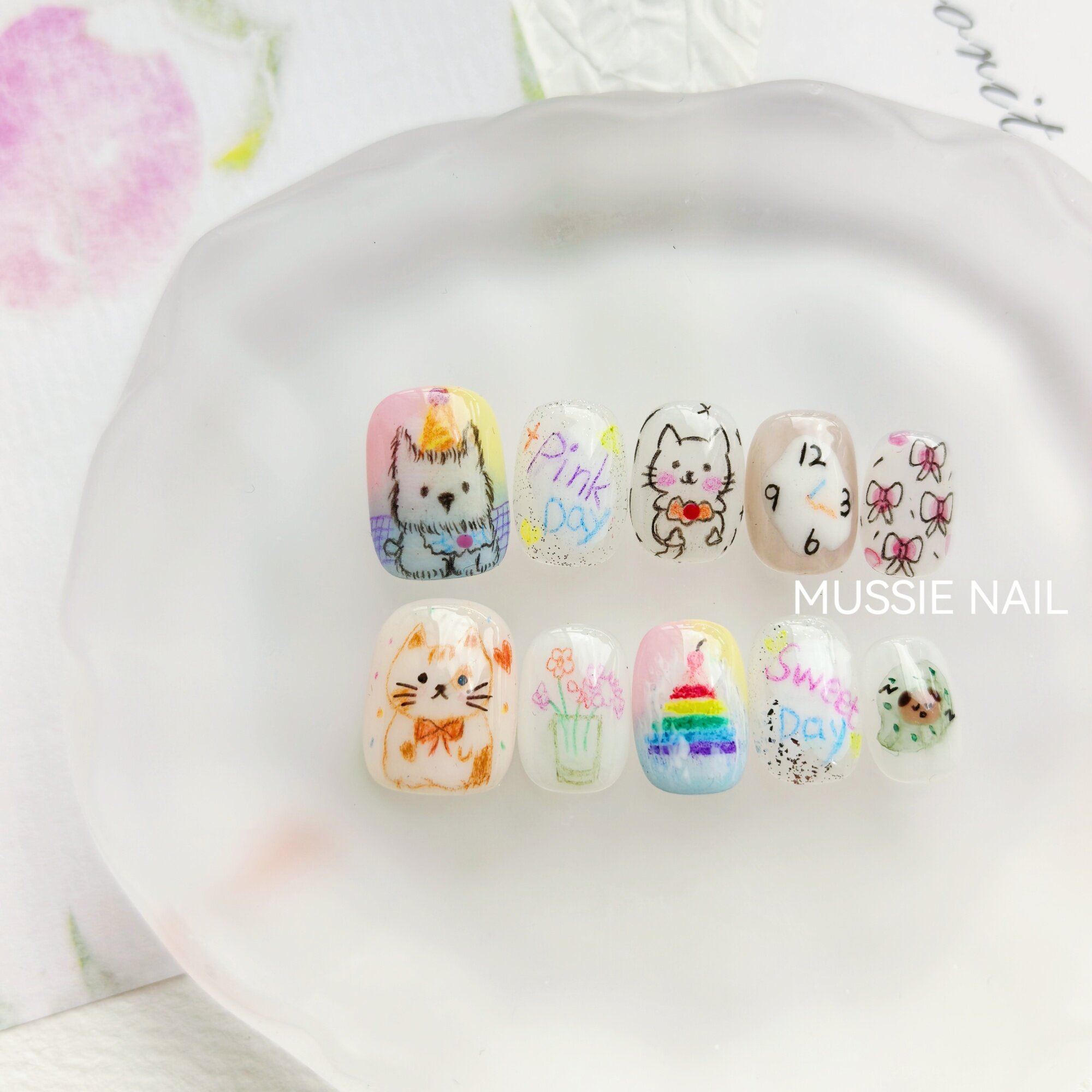 【童心未泯】MUSSIE NAIL彩铅水彩手绘猫狗可爱儿童短款穿戴甲
