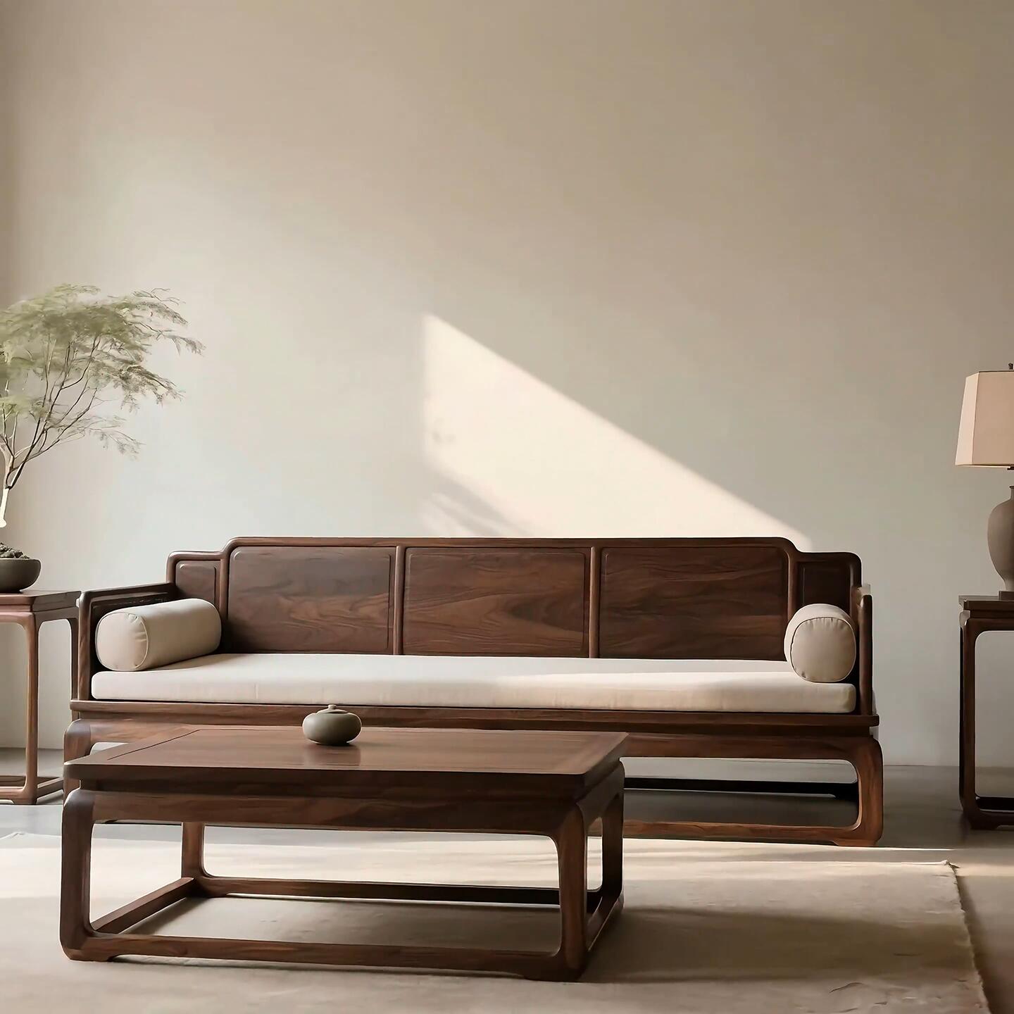 宋氏美学客厅实木沙发组合新中式北美黑胡桃木禅意罗汉床家具定制