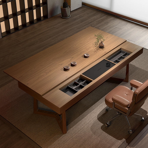 意式极简新中式茶桌书桌一体客厅家用胡桃木推拉泡茶桌禅意长条桌