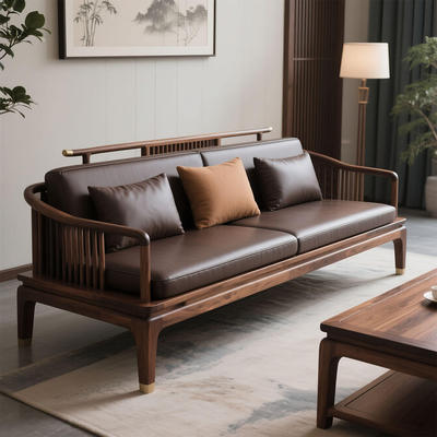 新中式实木沙发北美黑胡桃木2025禅意大户型现代轻奢真皮客厅家具