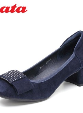 Bata拔佳2022秋专柜正品闪钻蝴蝶结粗跟羊绒皮浅口单鞋821-2CQ8