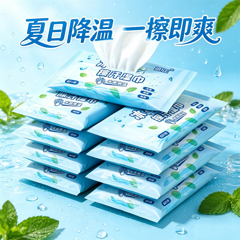 降温冰感湿巾户外运动军训擦汗便携独立装凉感薄荷清凉湿巾