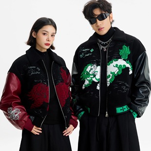 CHAWALANDRO秋冬加厚羊羔毛保暖外套翻领美式 皮衣拼接国潮宽松